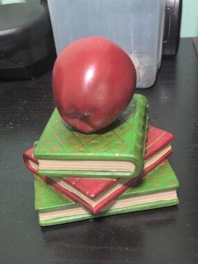 Decorative Red Apple on Stacked Green & Red Books Figurine